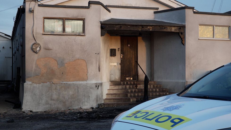 \u200bDamage outside the front entrance of the mosque in Phyllis Avenue, Peacehaven