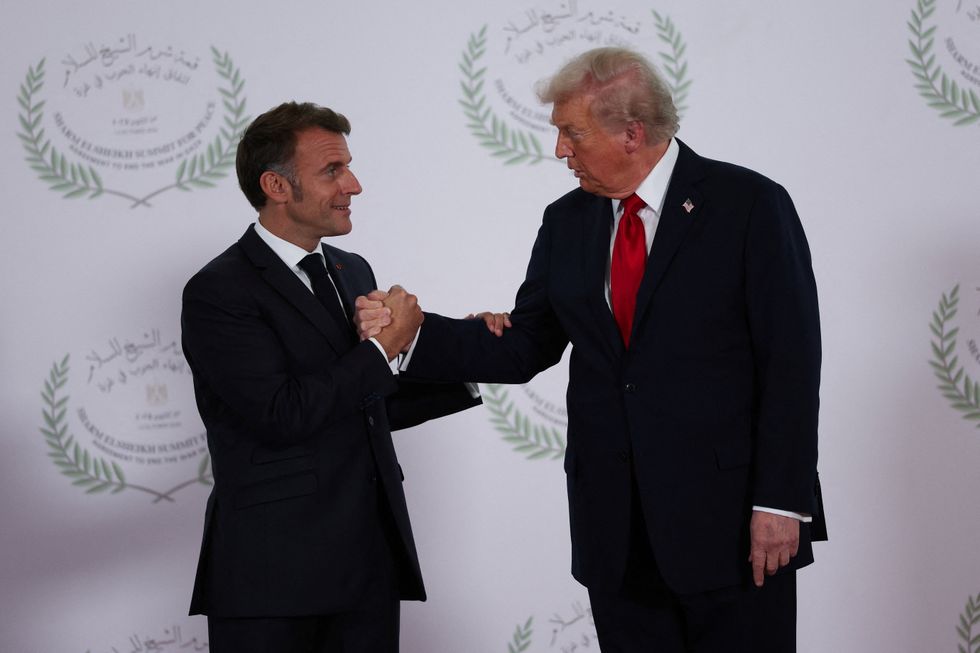 \u200bEmmanuel Macron and Donald Trump shaking hands in Egypt