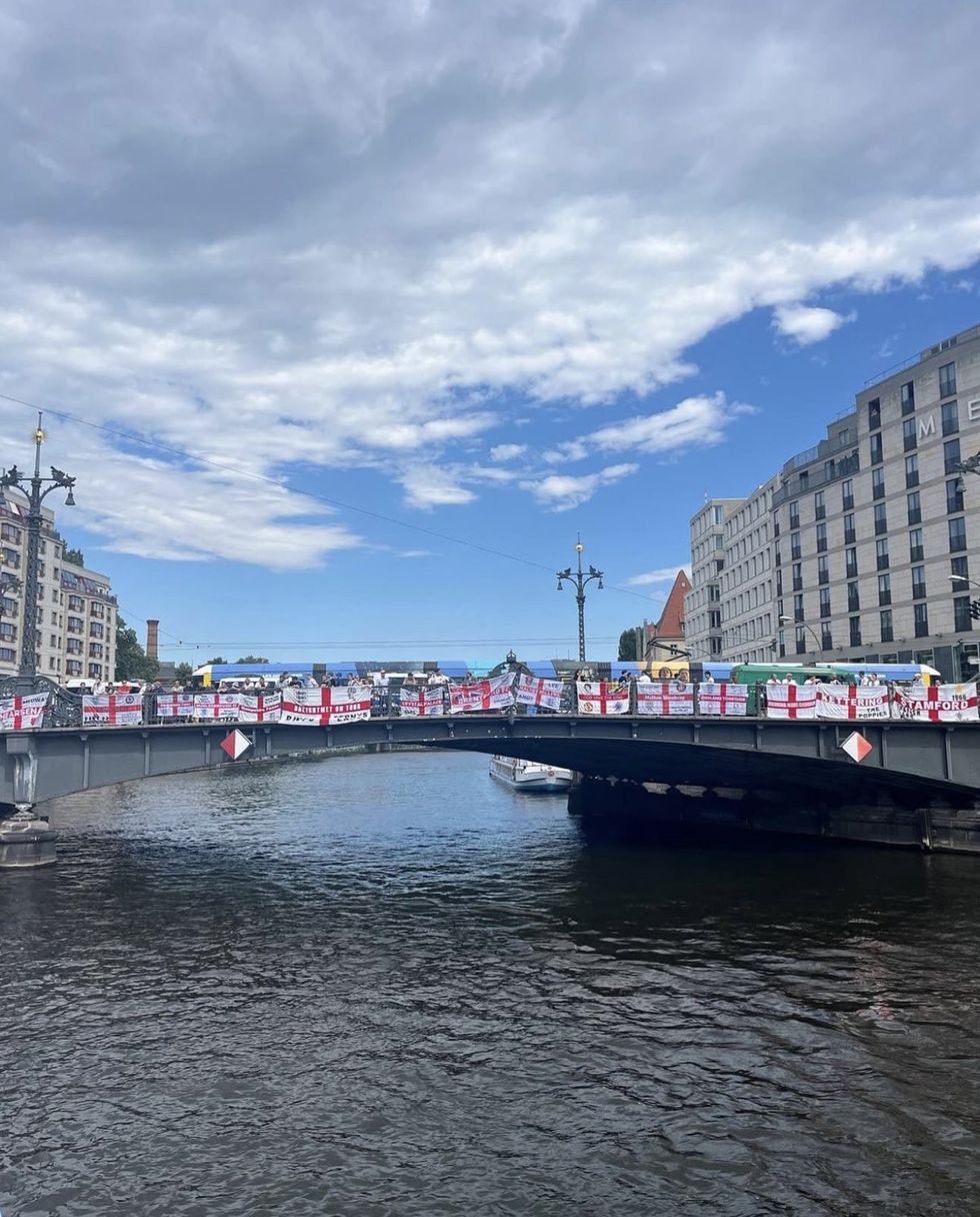 \u200bEngland flags hanging on a bridge in Belgrade ahead of the game next Tuesday