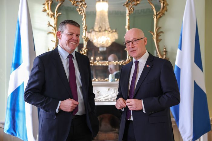 \u200bFirst Minister John Swinney and Plaid Cymru Leader Rhun ap Iorwerth during a meeting at Bute House in Edinburgh.