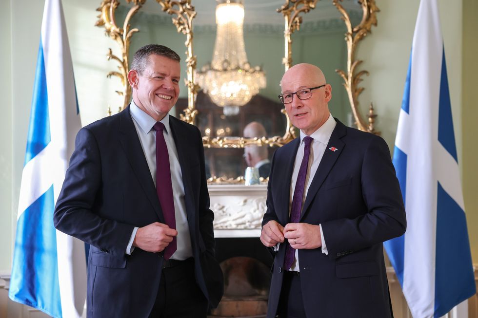 \u200bFirst Minister John Swinney and Plaid Cymru Leader Rhun ap Iorwerth during a meeting at Bute House in Edinburgh.