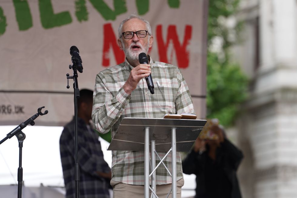 \u200bFormer Labour Party leader Jeremy Corbyn speaking at the People's Assembly Against Austerity protest