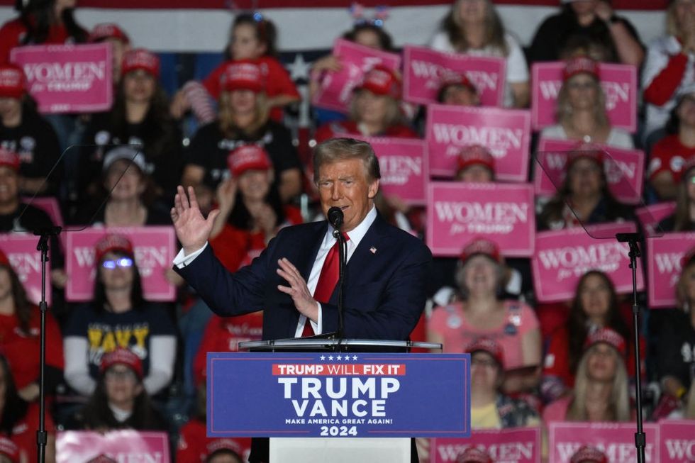 \u200bFormer US President and Republican presidential candidate Donald Trump speaks during a campaign rally at the Santander arena in Reading, Pennsylvania