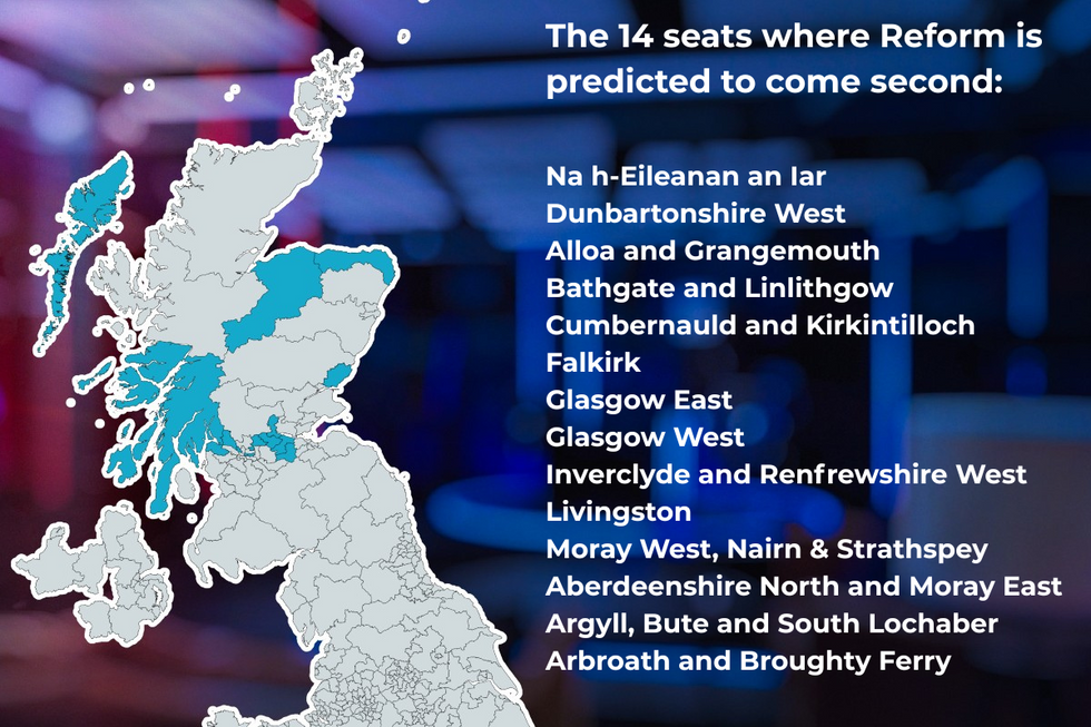 \u200bFourteen seats where Reform is currently predicted to come second, based on the latest MRP polling by More in Common