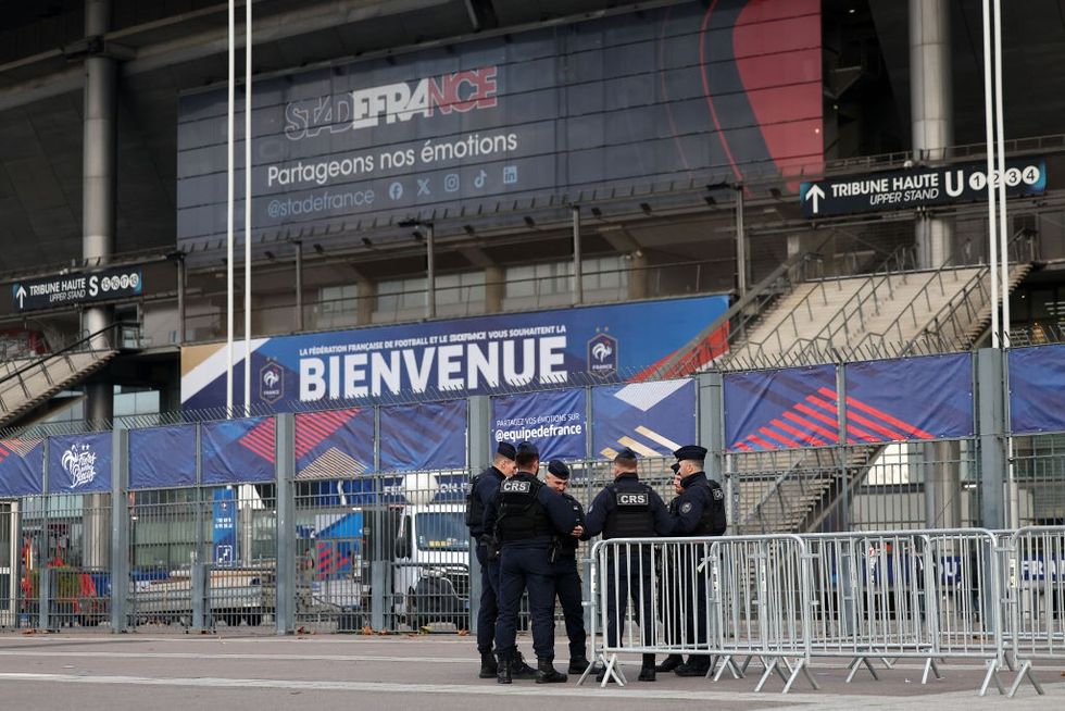 \u200bFrench riot policemen outside the Stade-de-France in Paris ahead of tonight's match
