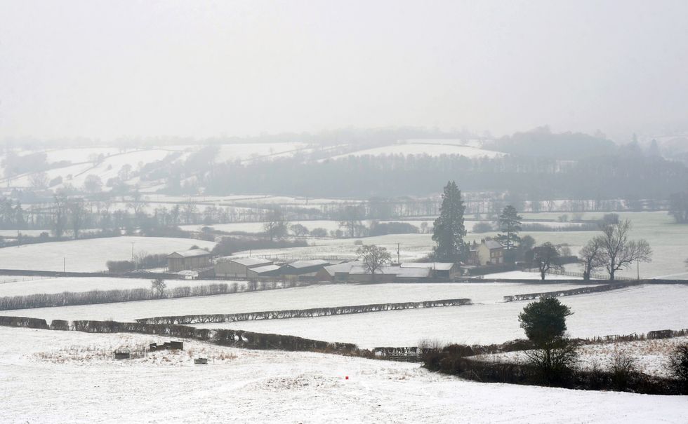 \u200bFresh snow covers fields around Whiston in Staffordshire