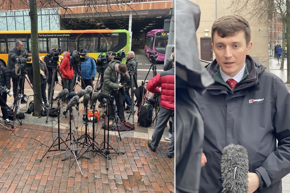 \u200bGB News\u2019 Will Hollis outside Nottingham Crown Court