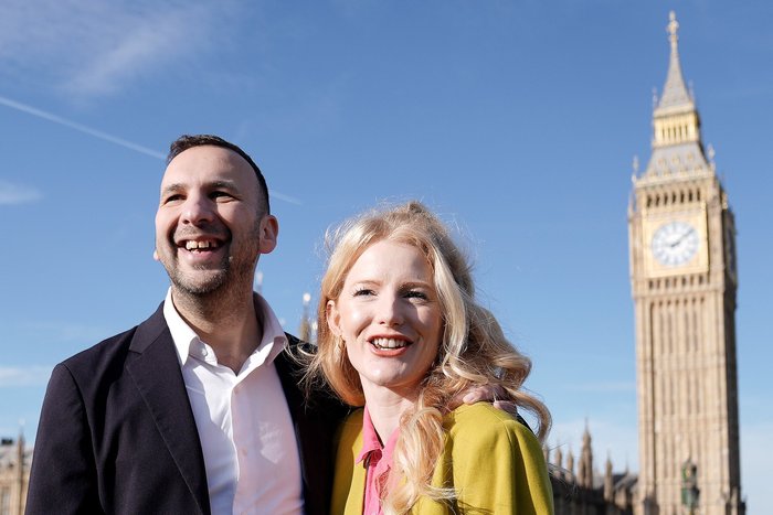 \u200bGreen Party Zack Polanski with Gorton and Denton MP Hannah Spencer
