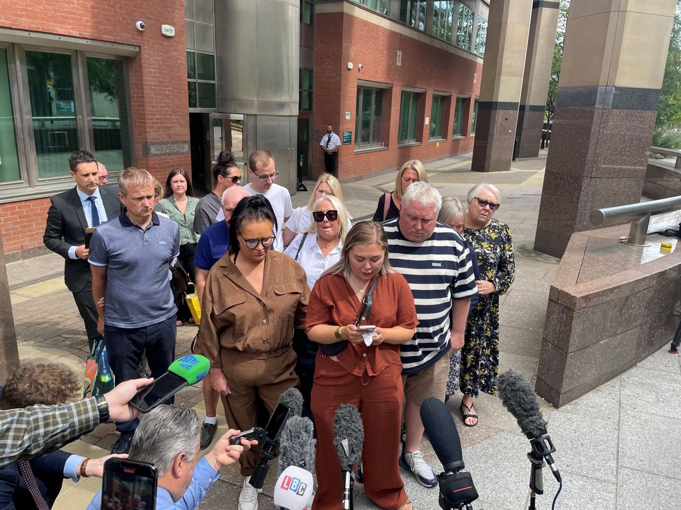 \u200bHarvey Willgoose's sister Sophie Willgoose (centre) reads a statement with her parents Caroline (centre left) and Mark (centre right) outside Sheffield Crown Court