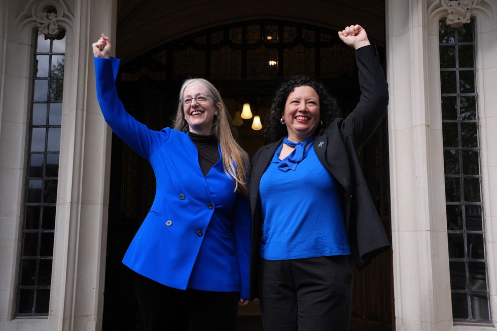 \u200bHelen Joyce (left) and Maya Forstater celebrating the Supreme Court ruling