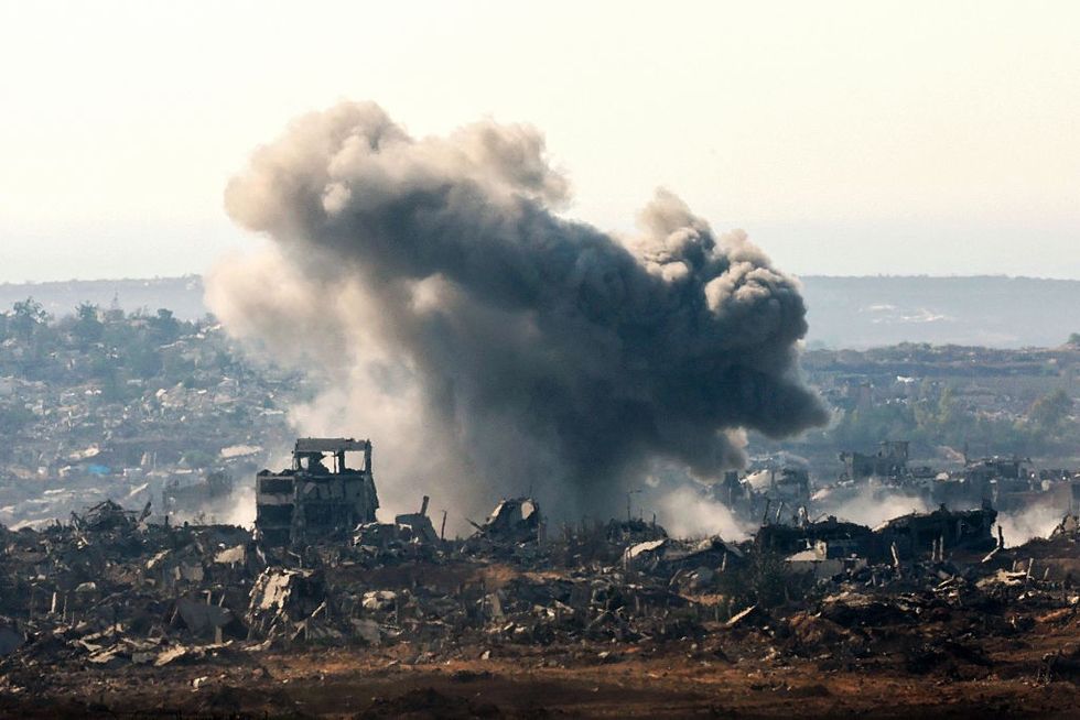 \u200bIsrael's border with the Gaza Strip shows smoke billowing during an Israeli strike on the besieged Palestinian territory