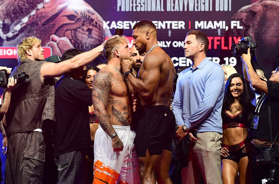 \u200bJake Paul and Anthony Joshua during a public weigh-in at the Fillmore Miami Beach, Florida