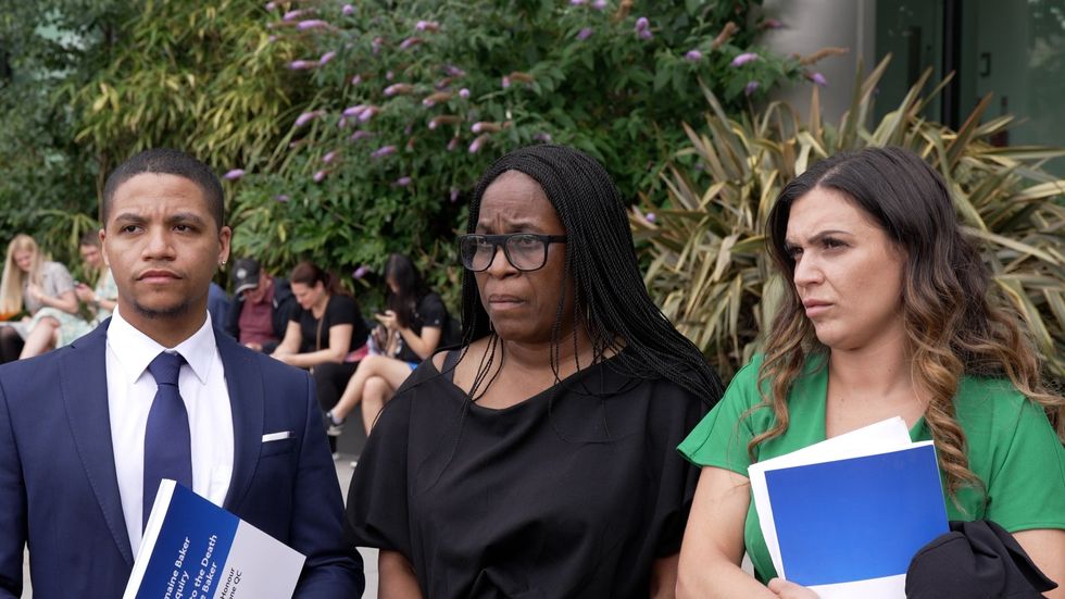 \u200bJordan Smith, Margaret Smith (centre) and Tia Demetrio, the brother, mother and partner of Jermaine Baker,