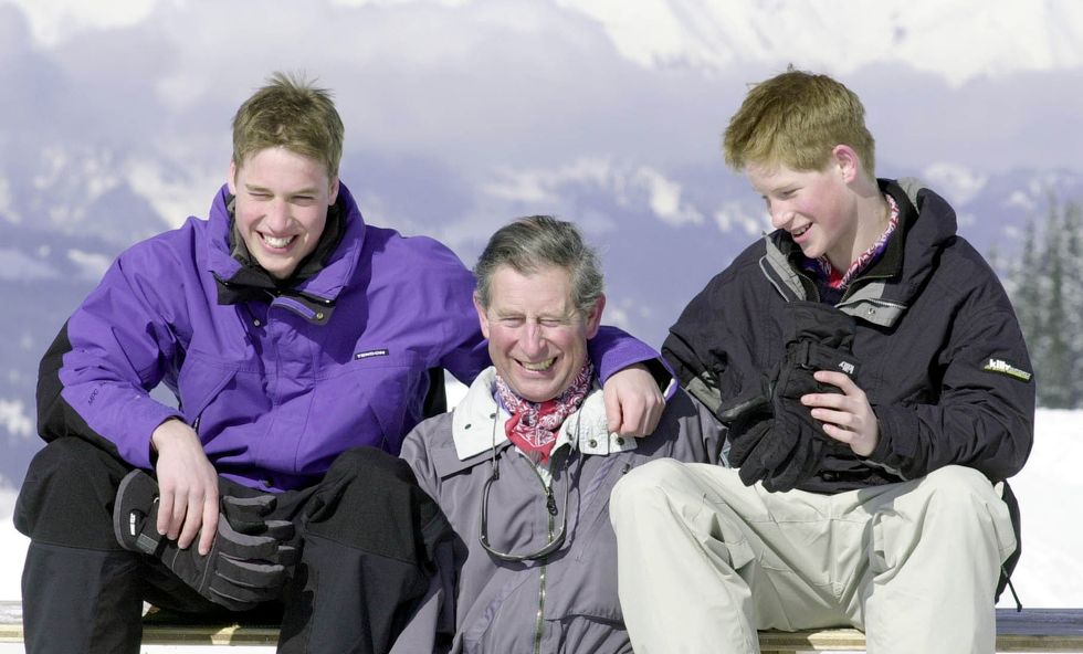 \u200bKing Charles, then Prince of Wales and his sons, Prince William (left) and Prince Harry, on the Madrisa ski slopes above Klosters.