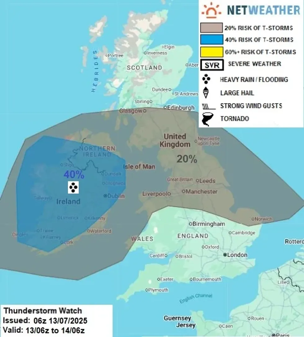 \u200bLarge parts of the UK are at risk of thunderstorms