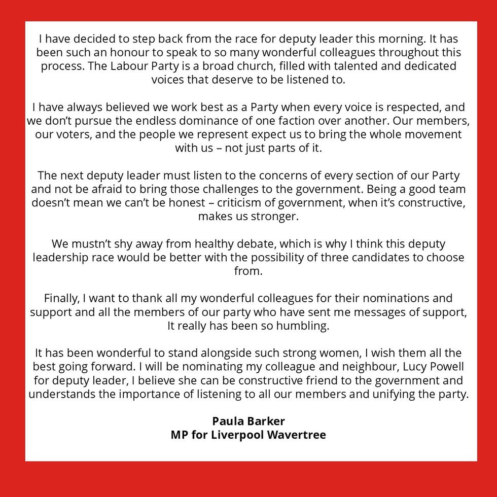 \u200bLiverpool Wavertree MP Paula Barker drops out of deputy leadership race