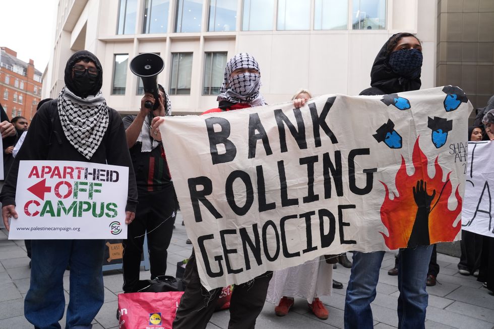 \u200bLondon-based university students, outside King's College London, take part in an inter-university march for Gaza,