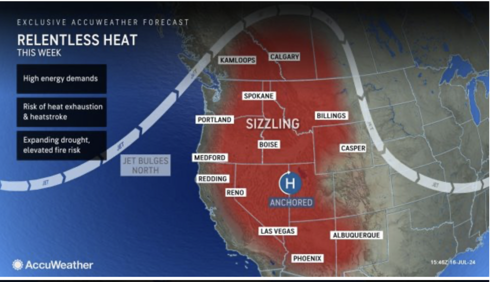 \u200bMap showing heat dome over western US