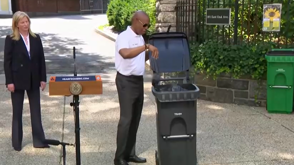 \u200bMayor Eric Adams unveiling the new bins