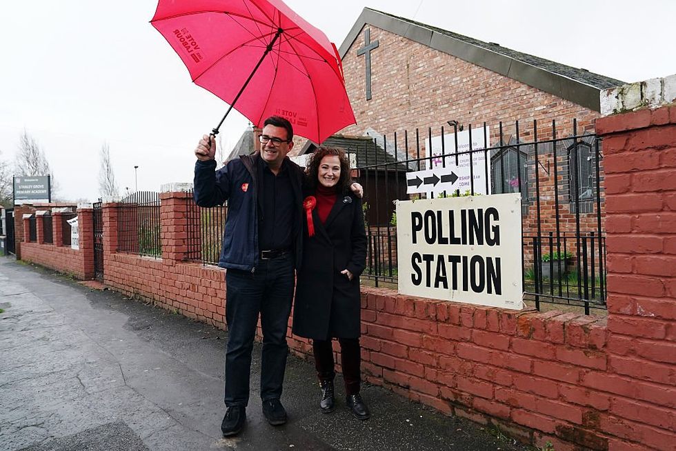 \u200bMayor of Greater Manchester Andy Burnham and the Labour candidate for Gorton and Denton by-election Angeliki Stogia visit