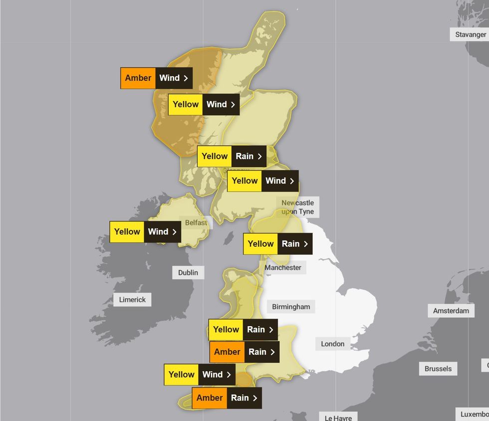 \u200bMet Office alerts are in force across the country, including multiple amber alerts across the UK's west coast