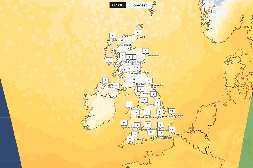 \u200bMet Office map: On Thursday morning, temperatures could drop as low as 2C
