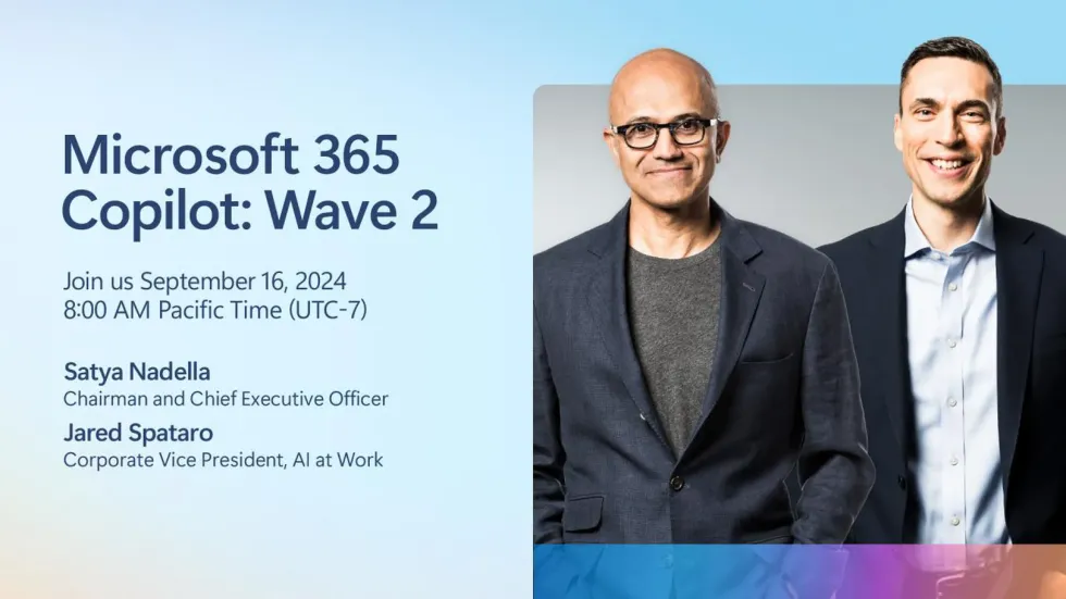 \u200bMicrosoft CEO Satya Nadella and Jared Spataro on the invite for the next Microsoft event