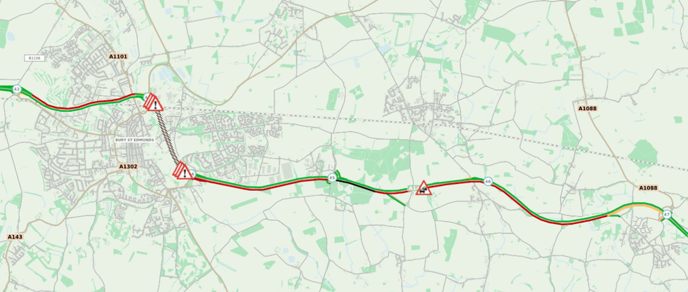 \u200bMotorists in and around Bury St Edmunds are dealing with long delays and stationary traffic this morning