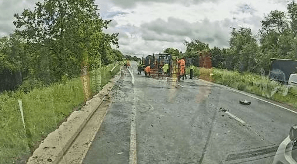 \u200bNational Highways has been dealing with an accident and a large bitumen spillage on the A417 this afternoon