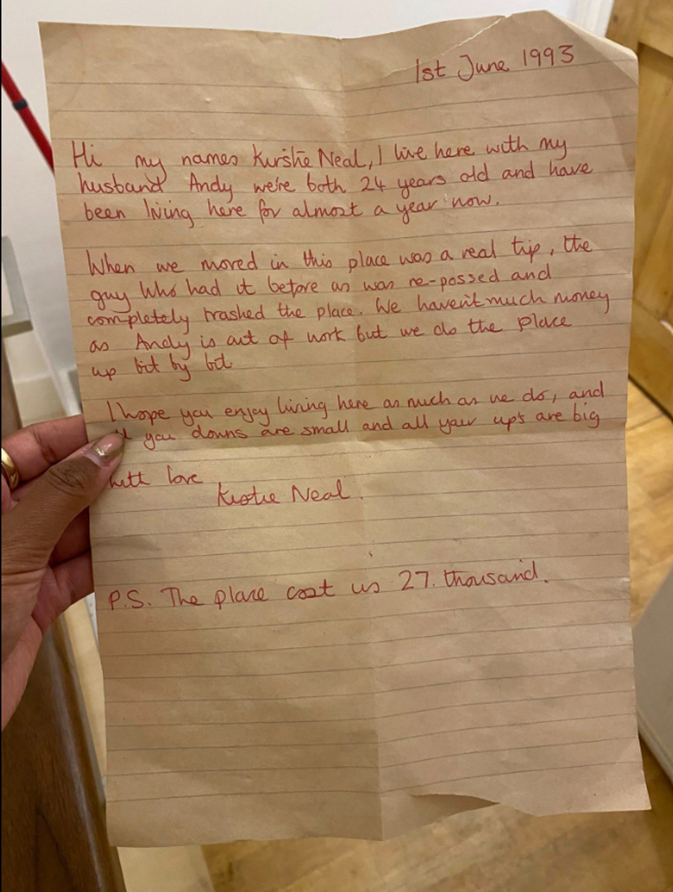 \u200bPart of the letter said: 'I hope you enjoy living here as much as we do'