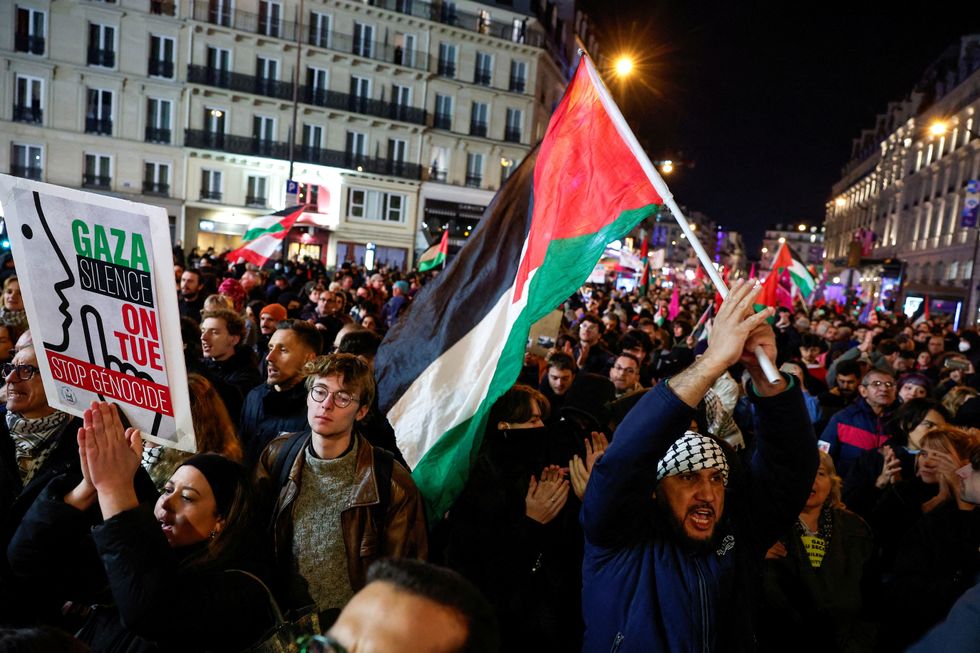 \u200bPeople attend a demonstration in support of Palestinians, ahead of UEFA Nations League France-Israel soccer match