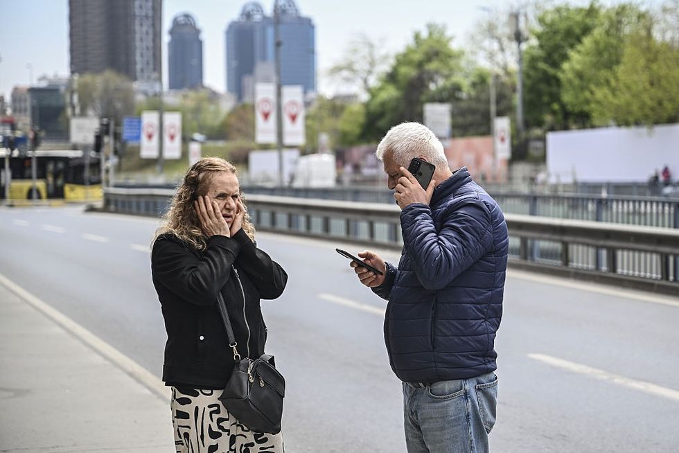 \u200bPeople leave the buildings in panic and call their loved ones after 6.2 magnitude earthquake jolts Istanbul,