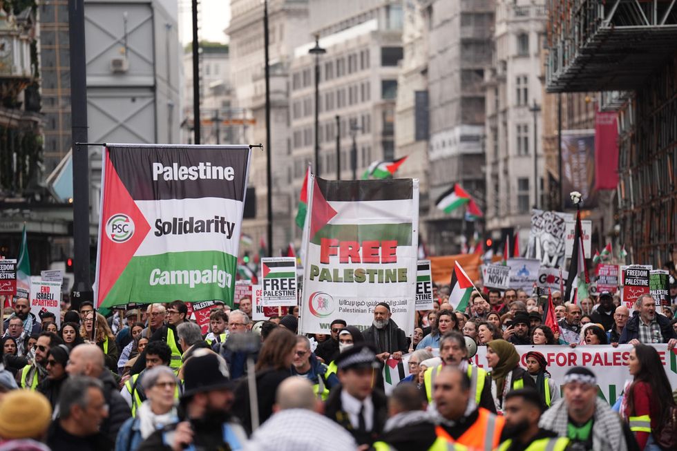 \u200bPeople take part in a Palestine Solidarity Campaign rally in central London