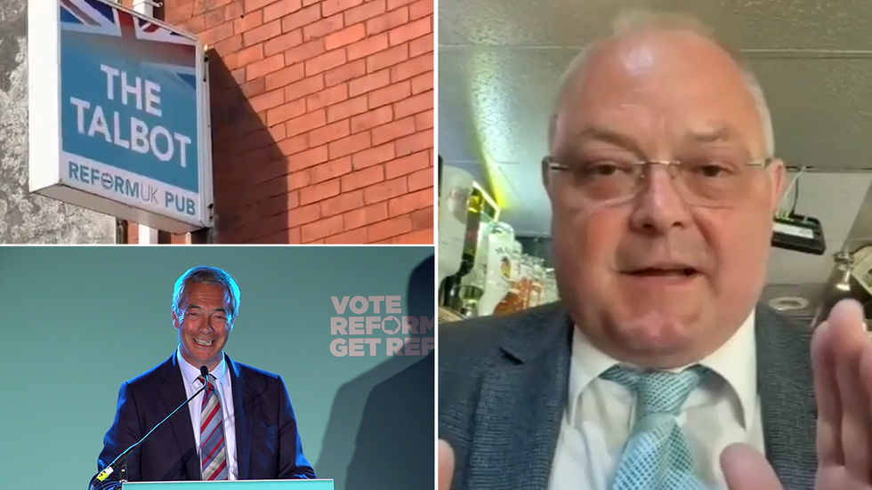 \u200bPete Flynn with inset images of The Talbot pub sign and Nigel Farage