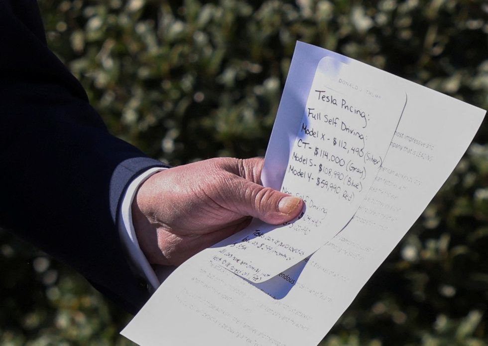\u200bPresident Donald Trump with notes during his Tesla showcase on the White House lawn with Elon Musk