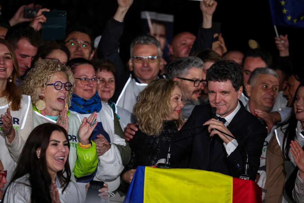 \u200bPresidential candidate Nicusor Dan speaks as he reacts to first exit polls of Romania's second round