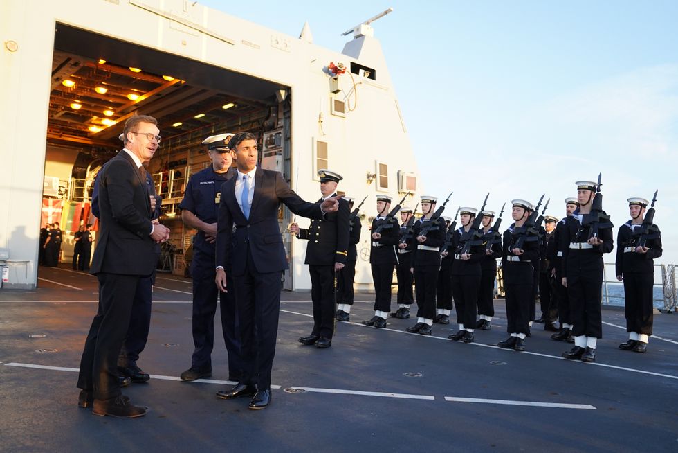 \u200bPrime Minister Rishi Sunak welcomes Ulf Kristersson, Prime Minister of Sweden, aboard HMS Diamond in October