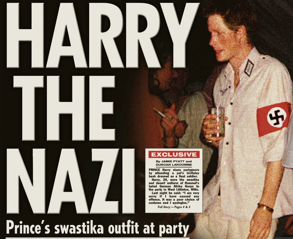 \u200bPrince Harry pictured wearing a red armband emblazoned with a big swastika at a party in 2005