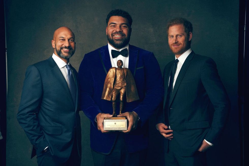 \u200bPrince Harry with NFL Walter Payton Man of the Year Cameron Heyward and comedian Keegan-Michael Key