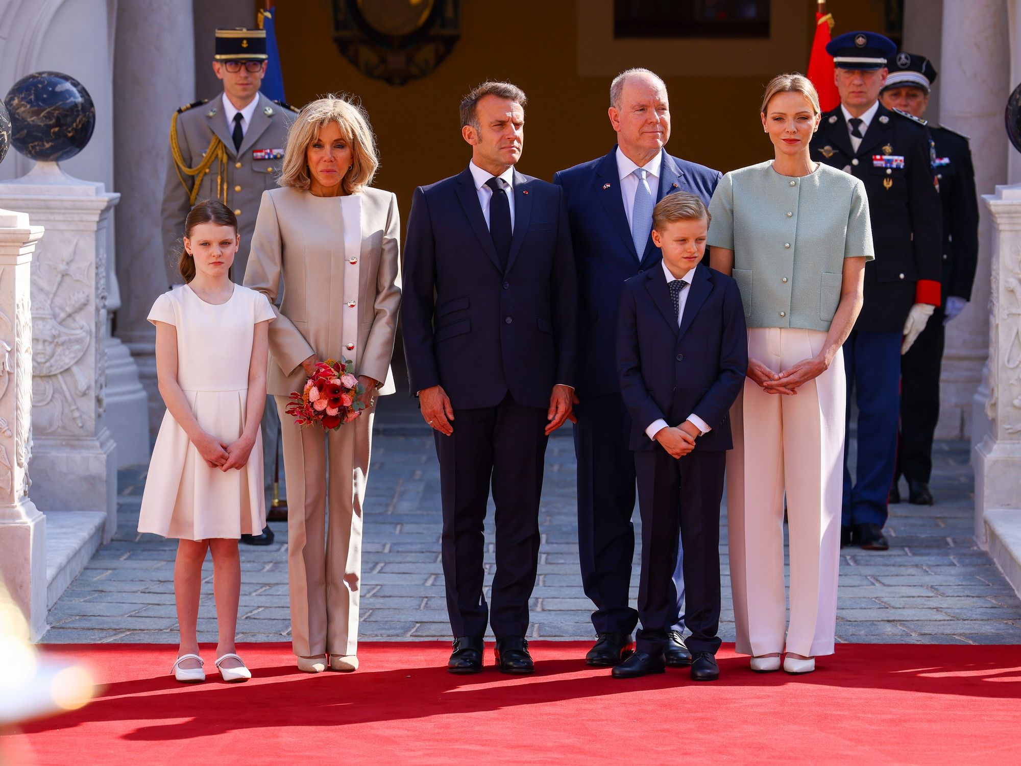 \u200bPrince Jacques and Princess Gabriella, Prince Albert, Princess Charlene,  Emmanuel Macron, Brigitte Macron