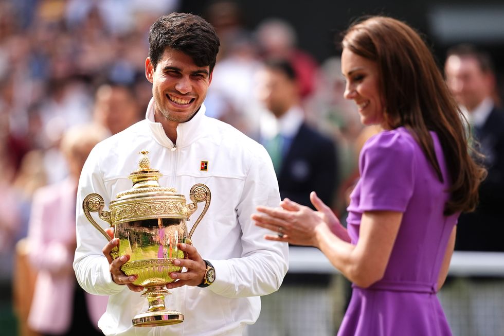 \u200bPrincess Kate presenting the Wimbledon Men's Singles trophy to Spaniard Carlos Alcaraz