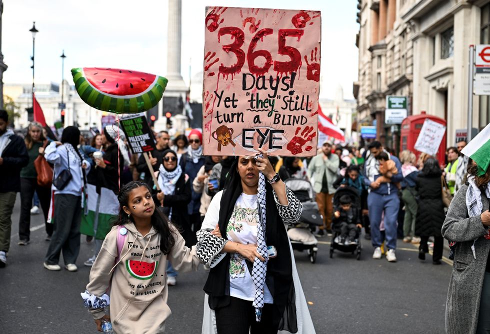 \u200bProtesters take part in a demonstration in support of Palestinians in Gaza, ahead of the October 7 attack anniversary, amid the ongoing Israel-Hamas conflict, in London