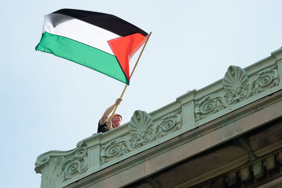 \u200bProtesters waved the Palestine flag from the roof