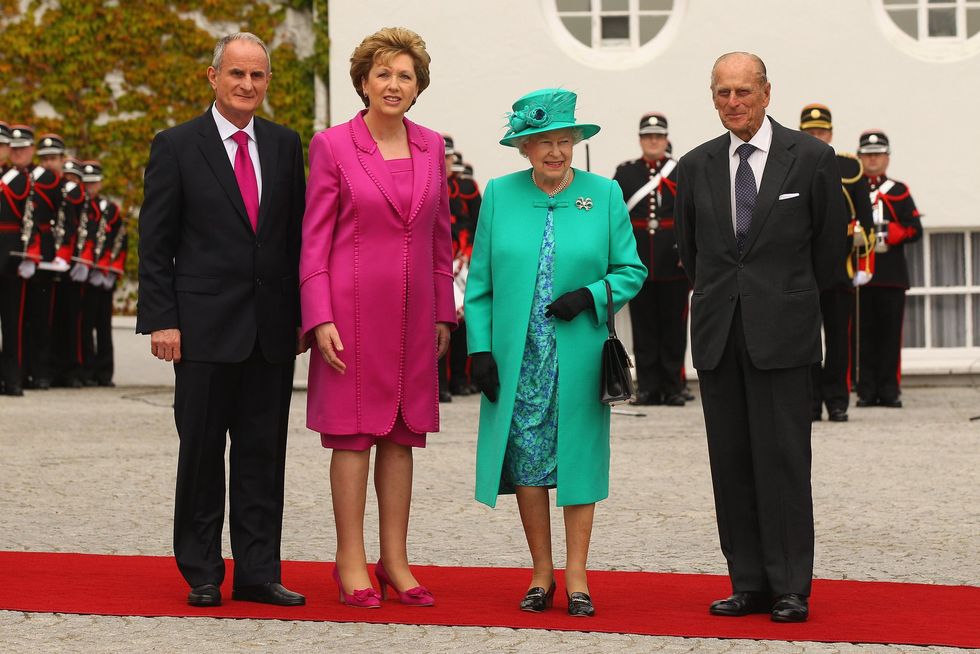 \u200bQueen Elizabeth II and Prince Philip being greeted by then-Irish President Mary McAleese