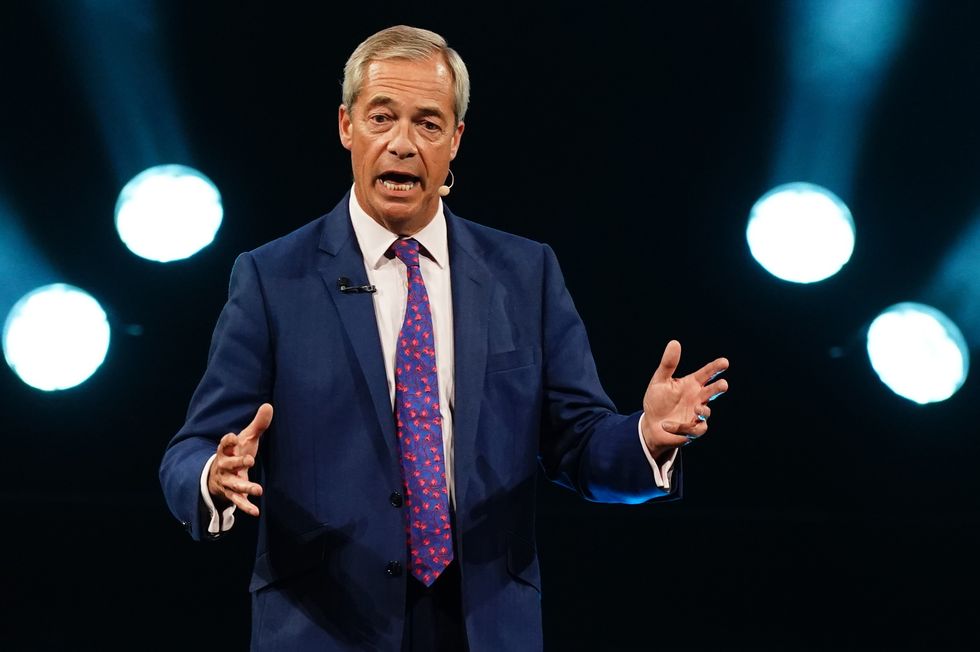 \u200bReform UK leader Nigel Farage issues his closing speech during the Reform UK party's annual conference