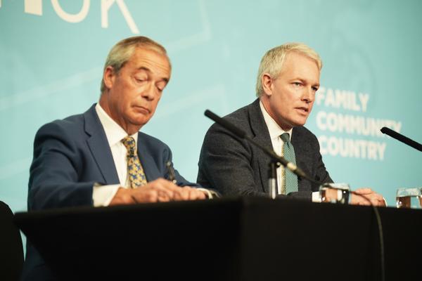 \u200bReform UK leader Nigel Farage (left) with former Conservative MP Danny Kruger,