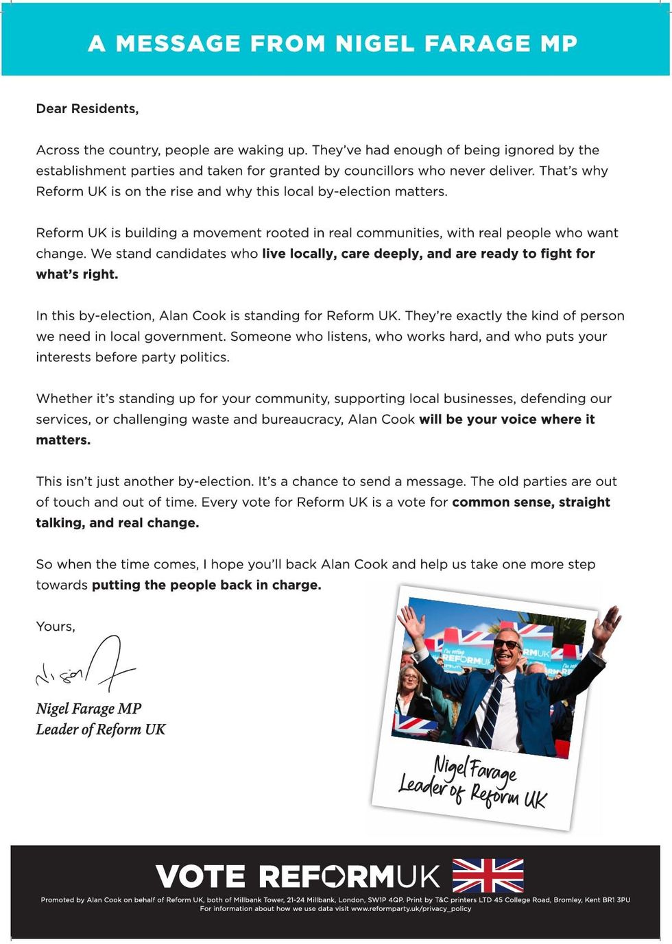\u200bReform UK's leader Nigel Farage sent this letter to local residents calling them to support candidate Alan Cook
