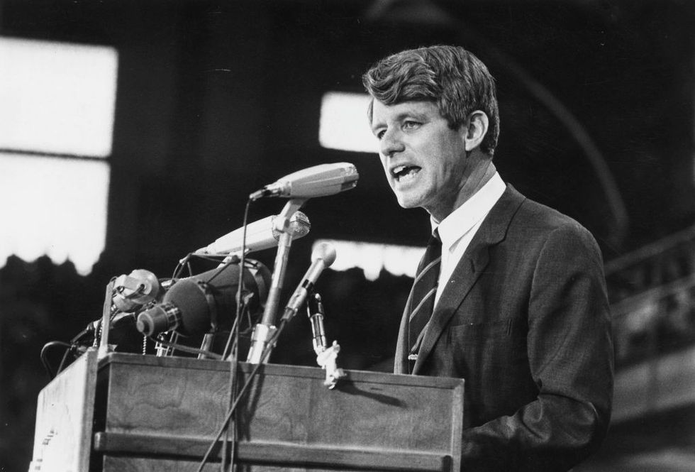 \u200bSenator Robert Kennedy speaking at an election rally