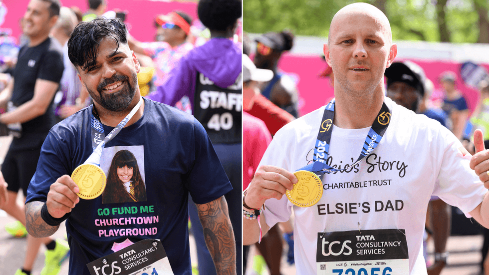 \u200bSergio Aguiar and David Stancombe after they ran the London marathon last year