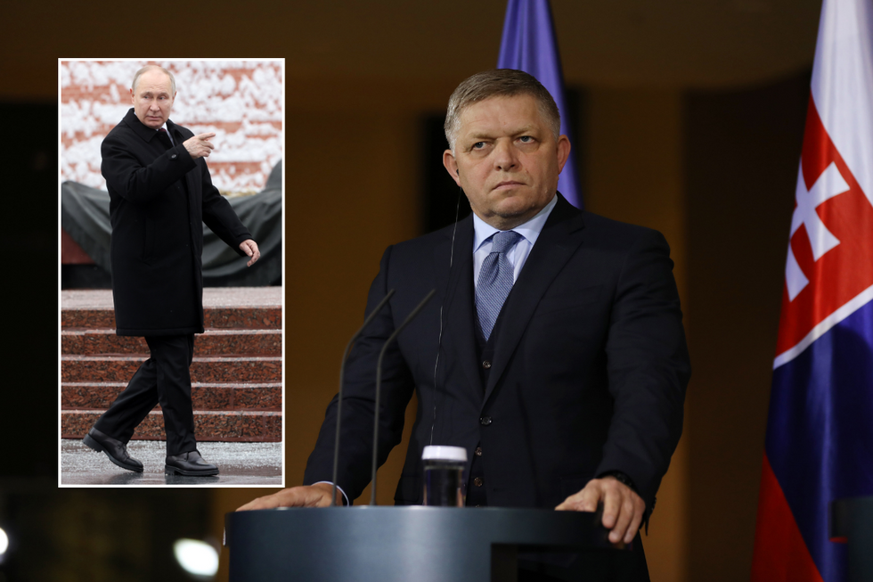 \u200bSlovakian PM Robert Fico with inset of Vladimir Putin